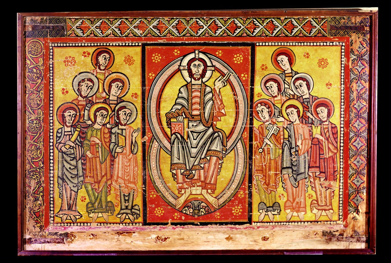 Kristus i Majestet omgitt av de tolv apostler (tempera på panel) av Spanish School