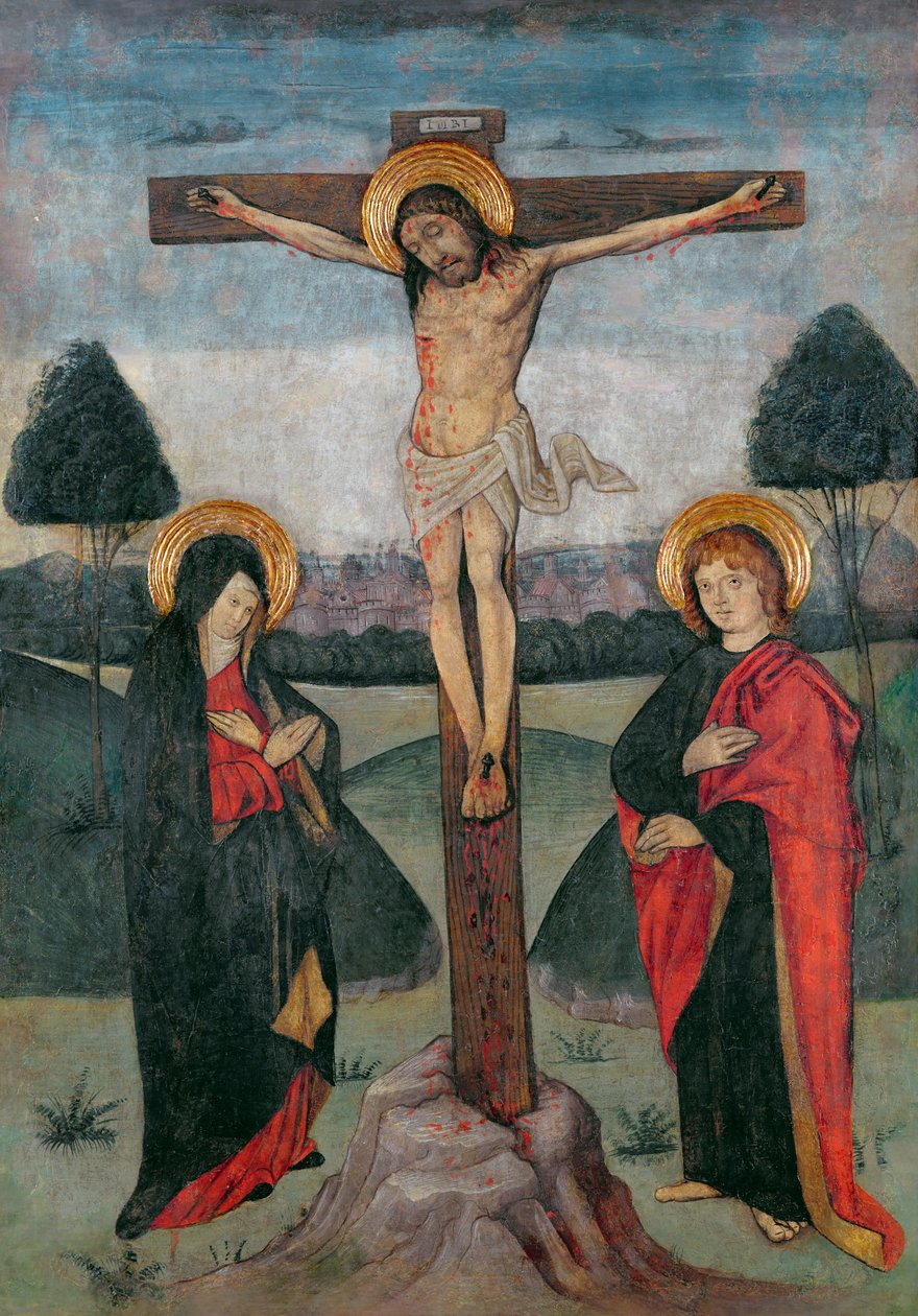 Kristus på korset mellom jomfruen og St. Johannes (tempera på panel) av Spanish School