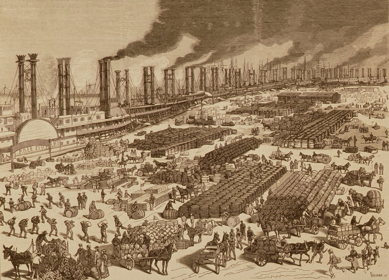 Kommersiell aktivitet og utsikt over kaien i New Orleans i 1880 av Spanish School