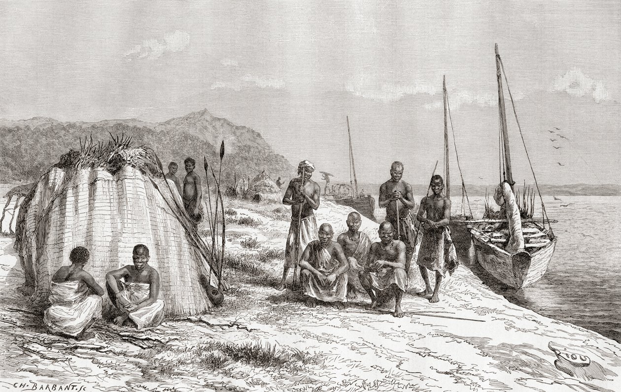 Kongolesiske stammemenn ved sine båter på Kongo-elven på 1800-tallet, fra 