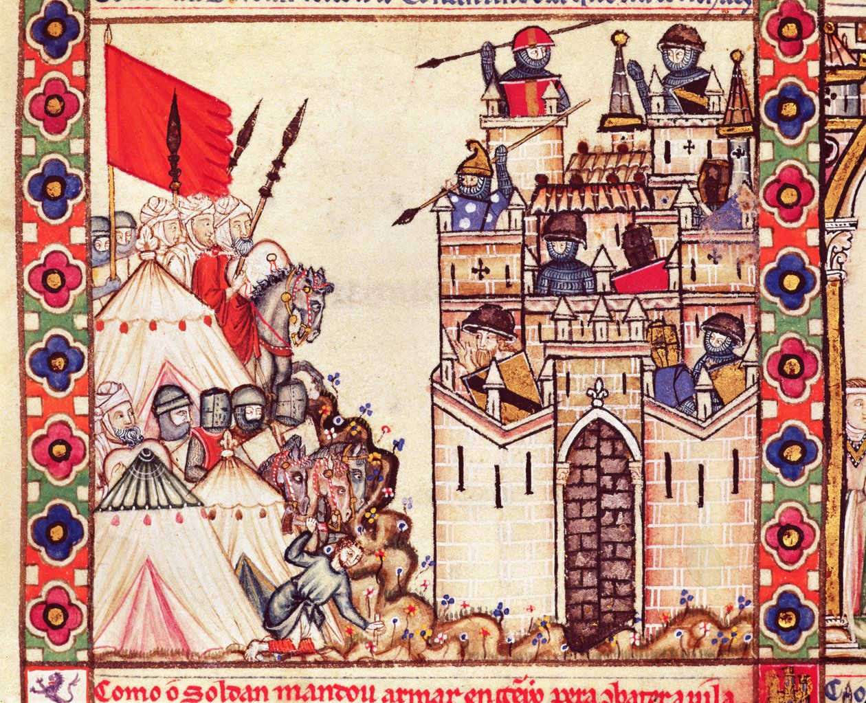 Detalj av Cantiga 28 som viser soldater som omkranser Konstantinopel som var i hendene på de kristne, skrevet på galasisk for Alfonso X av Spanish School
