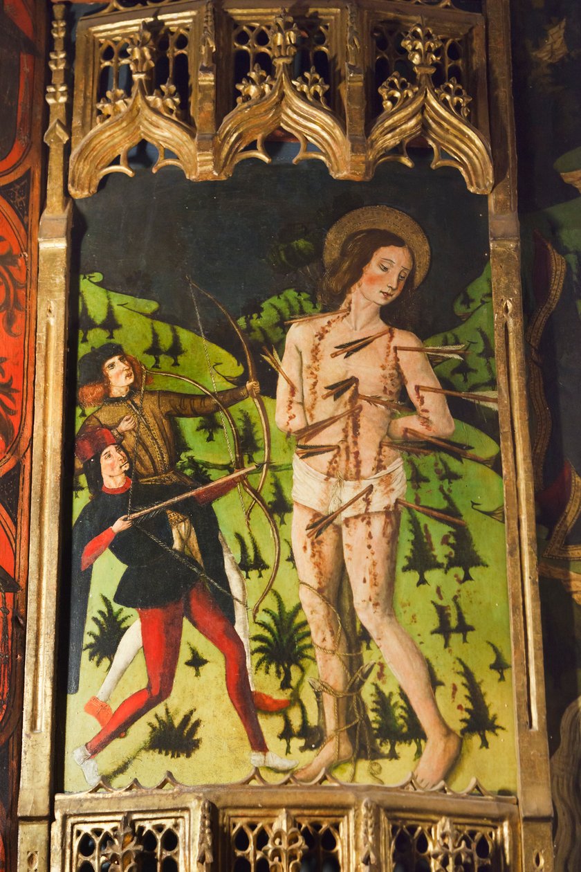 Detalj av en castiliansk skolealtertavle som viser St. Sebastian av Spanish School