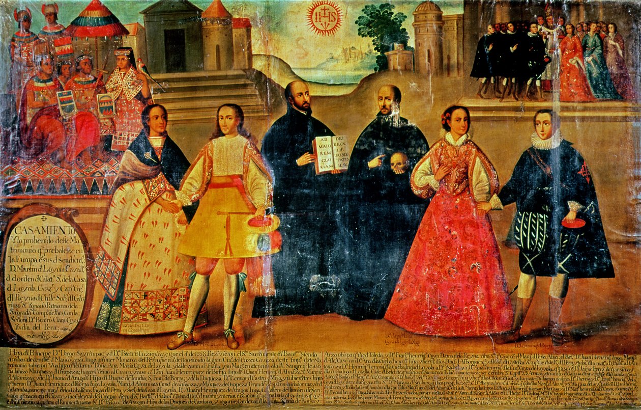 Dobbeltbryllup mellom to inka-kvinner og to spanjoler i 1558, ca. 1750 (panel) av Spanish School