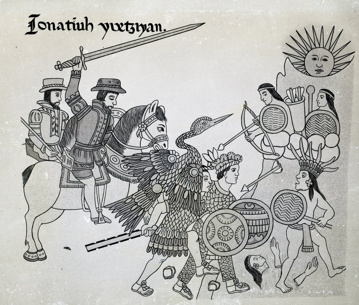 Kamp mellom spanjolene og aztekerne, tallerken fra 'Antiguedades Mexicanas' av Alfredo Chavero, 1892 av Spanish School