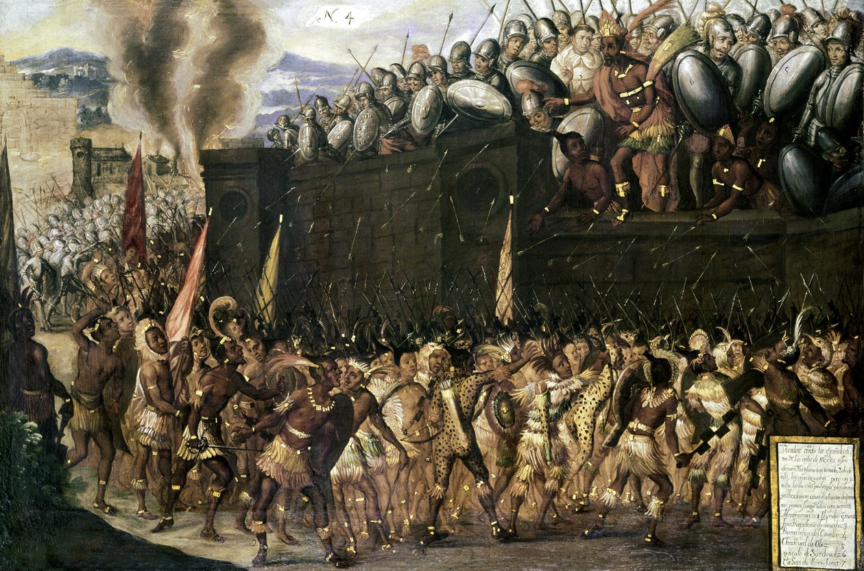 Montezuma (1466-1547), tatt til fange av spanjolene, ber aztekerne om å overgi seg når de angriper palasset hans i 1520 (panel nr. 4) av Spanish School