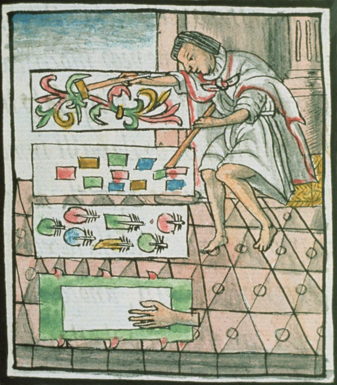 Fru Palat. 218-220 Bok IX Aztekisk fjærhåndverker som designer og skjærer mønstre, fra 