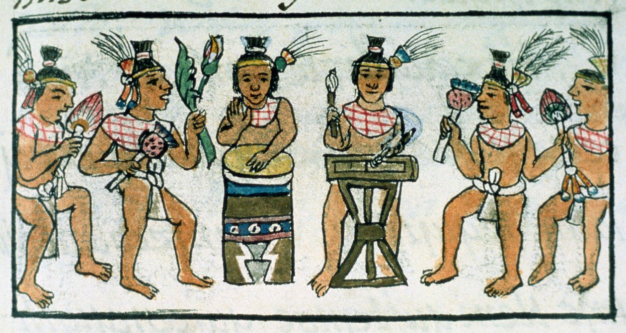 Fru Palat. 218-220 Bok IX Aztekiske musikere fra en beretning om aztekisk håndverk i det sentrale Mexico, fra 