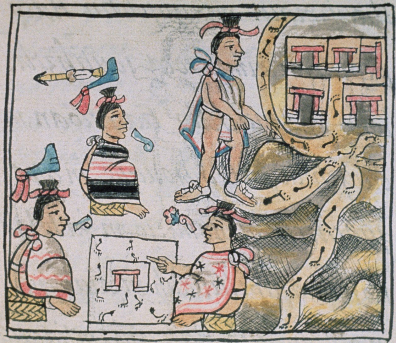 Fru Palat. 218-220 Bok IX Aztekerne konsulterer og følger et kart, fra 