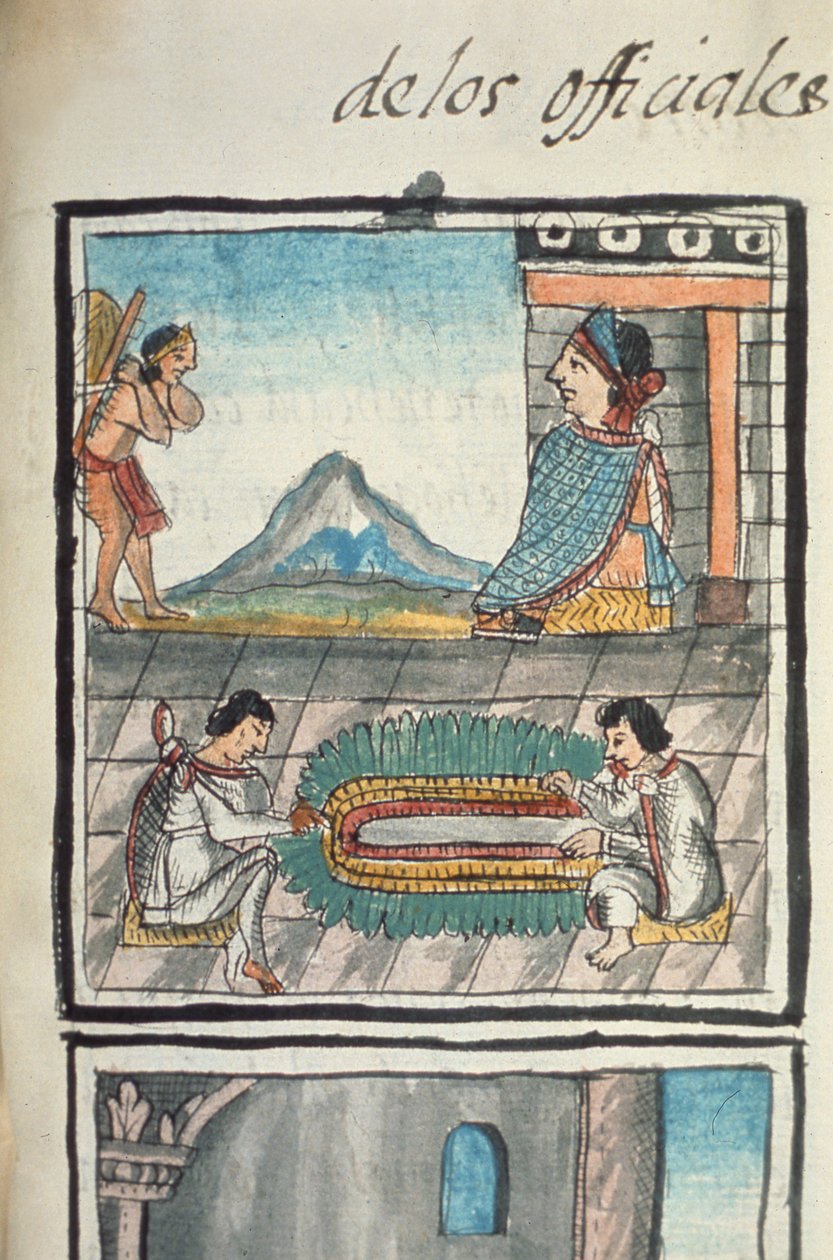 Fru Palat. 218-220 Bok IX Håndverkere fra Palace of Aztec hersker å lage fjærheadresser, fra en beretning om aztekisk håndverk i Sentral-Mexico skrevet og illustrert av Bernardino de Sahagun, spansk av Spanish School