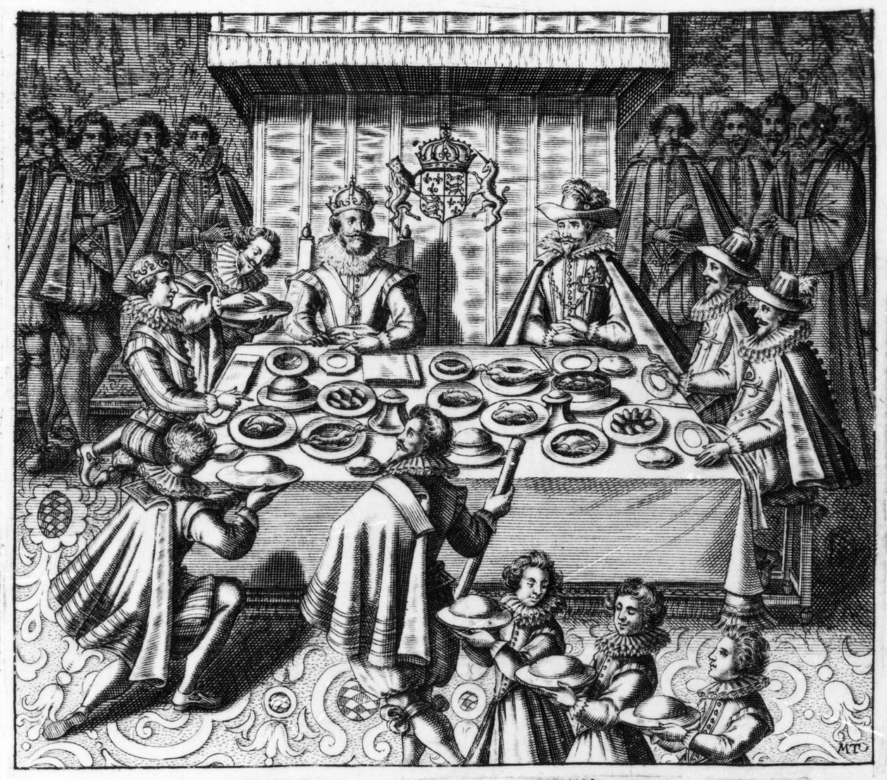 Den spanske ambassadøren spiser middag med kong James I av England, ca. 1620-25 av Spanish School
