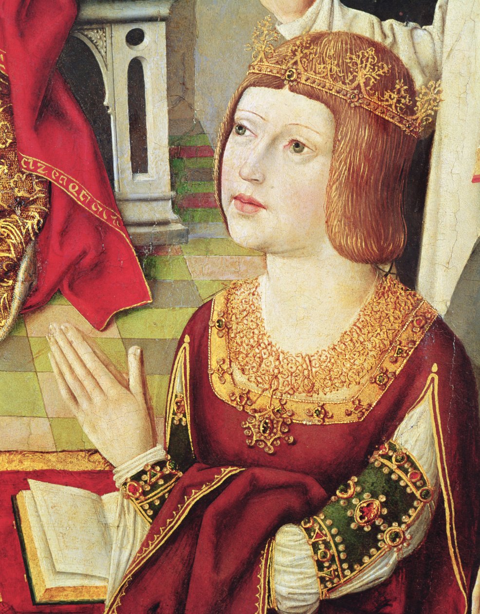 Jomfruen til de katolske konger, detalj av Isabella de Castille (1451-1504) ca. 1490 (se 60603 og 3947) av Spanish School