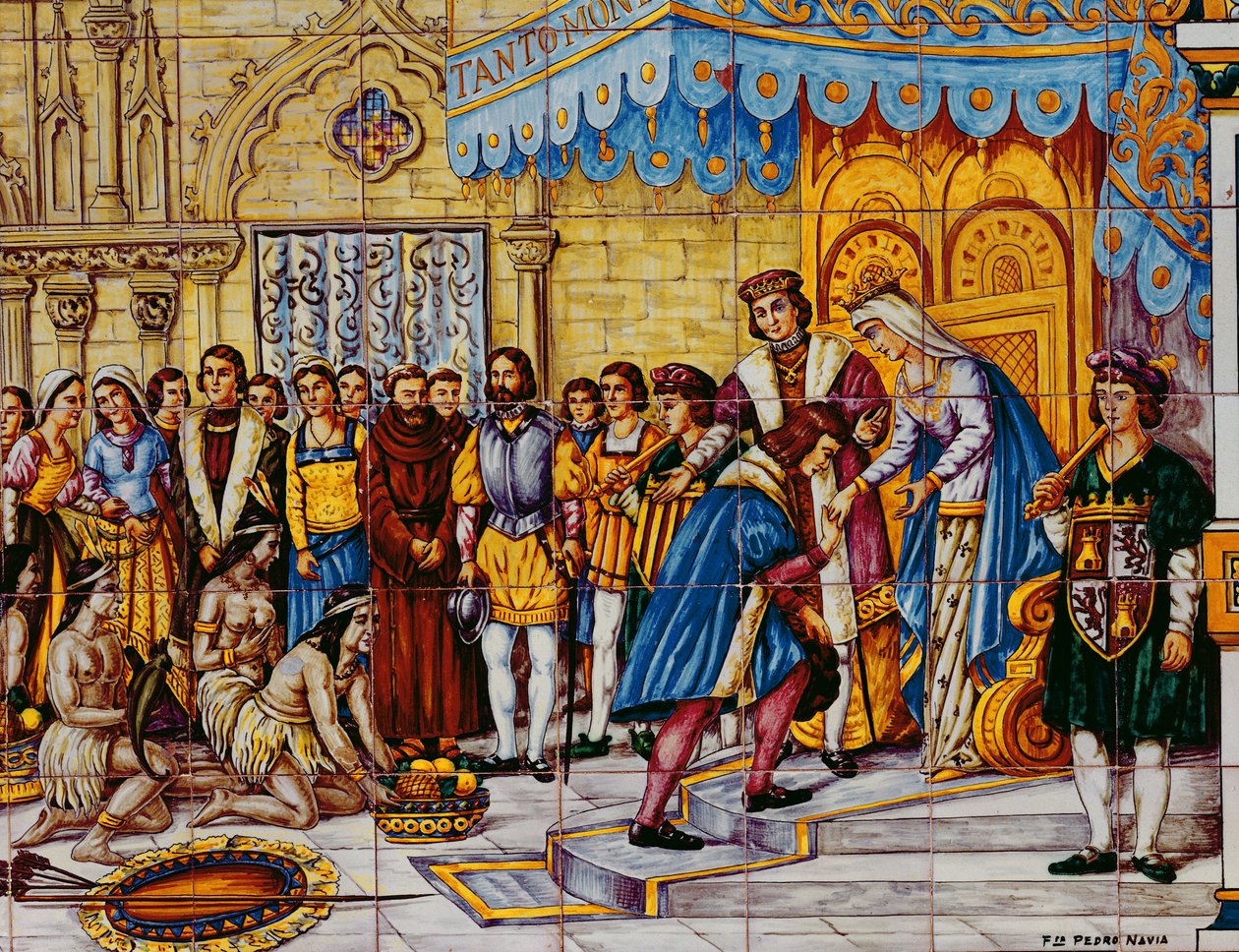 Fliser som viser mottakelsen av Christopher Columbus av de katolske kongene, Ferdinand av Aragon og Isabella av Castille i Barcelona da han kom tilbake fra Amerika i 1492 av Spanish School