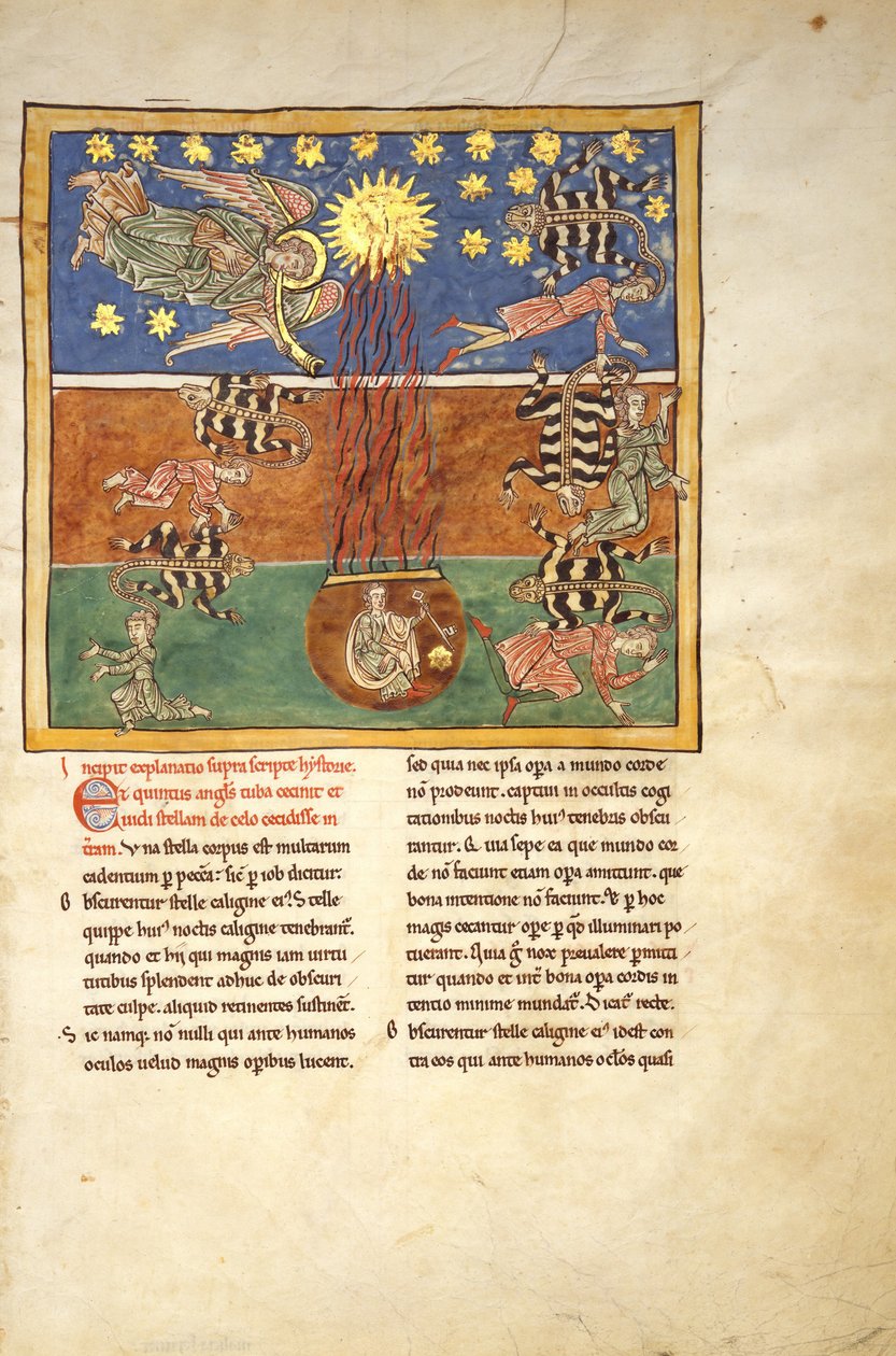 Blad fra et Beatus-manuskript, ca. 1180 (tempera, gull og blekk på pergament) av Spanish School Spanish School