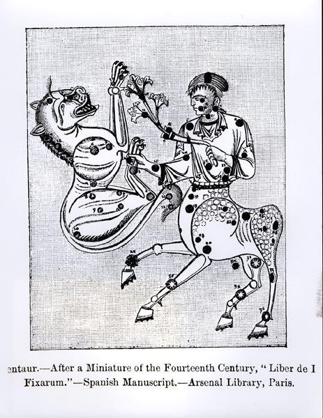 Kentauren, fra Liber de Stellis Fixarum, illustrasjon fra Vitenskap og litteratur i middelalderen og renessansen, skrevet og gravert av Paul Lacroix, 1878 av Spanish School