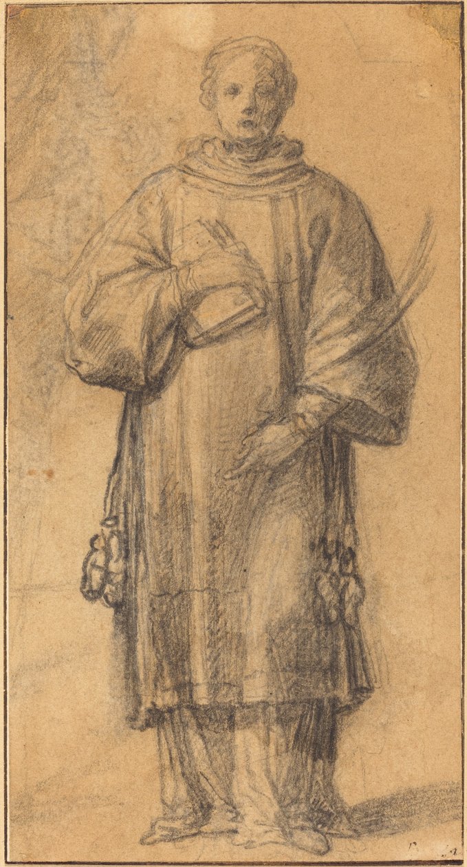 En stående helgen som holder en bok og et palmeblad av Spanish 17th Century