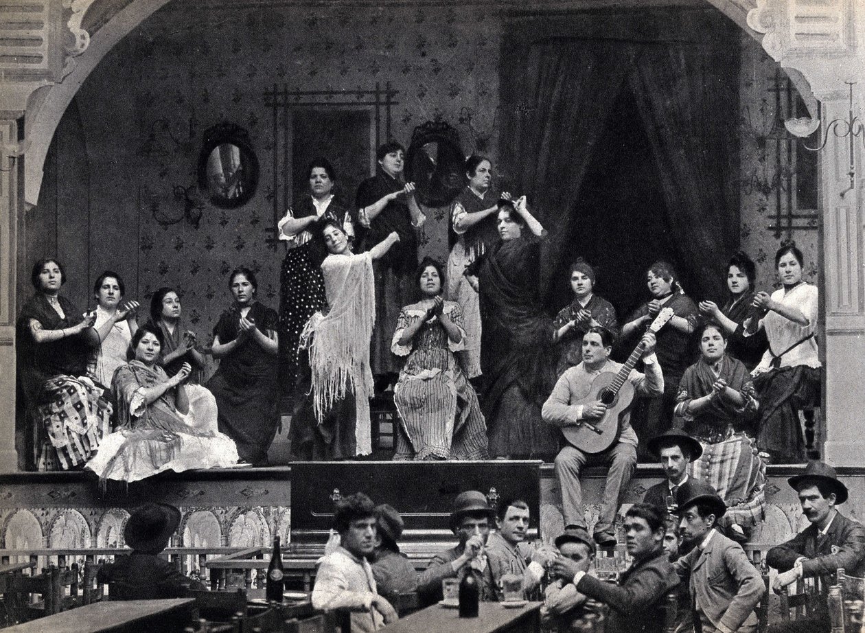 Sevilla, Spania, danse- og flamencomusikkscene på en kafé. Fotografi, sent på 1800-tallet, av Spanish Photographer