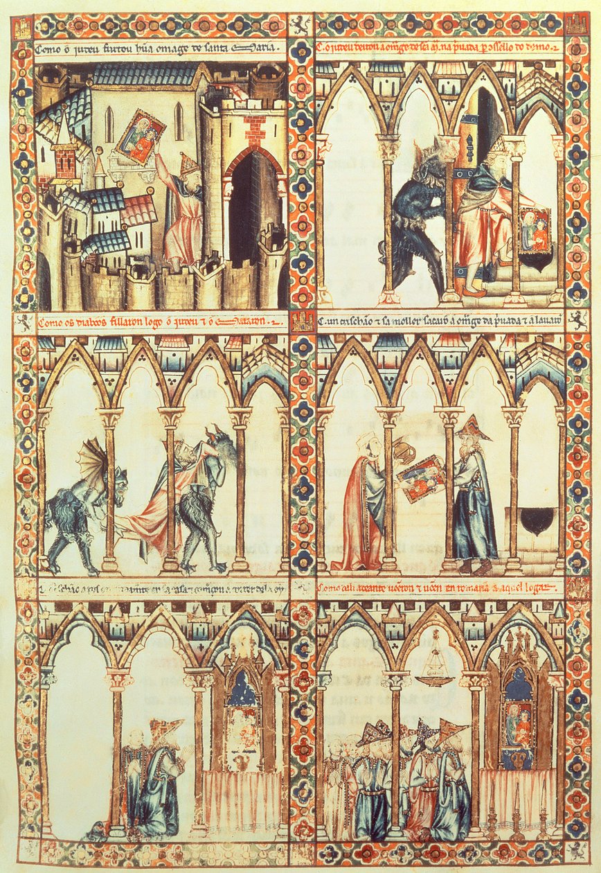 102-0002738 T.I.I. Cantiga 34, illustrasjon fra "Cantigas de Santa Maria", laget under ledelse av Alfonso X ("The Wise") konge av Castille og Leon (1221-84) (vellum) (se også 68647) av Spanish School