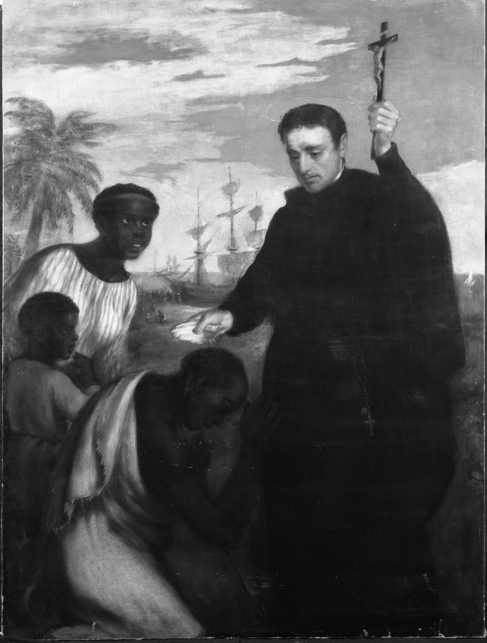 En jesuittmisjonær, kanskje Manuel de Nobrega eller Peter Claver, Baptizing Blacks (olje på lerret) av Spanish School
