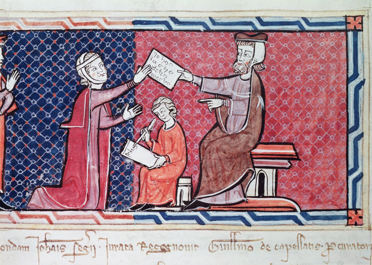 En kvinne som avlegger en ed foran kong James I (1207-76) av Mallorca, detalj av sorenskriveren, kvinnen og skriveren, fra Capbreu de Clayra et de Millas, 1292 (detalj fra 181839) av Spanish School