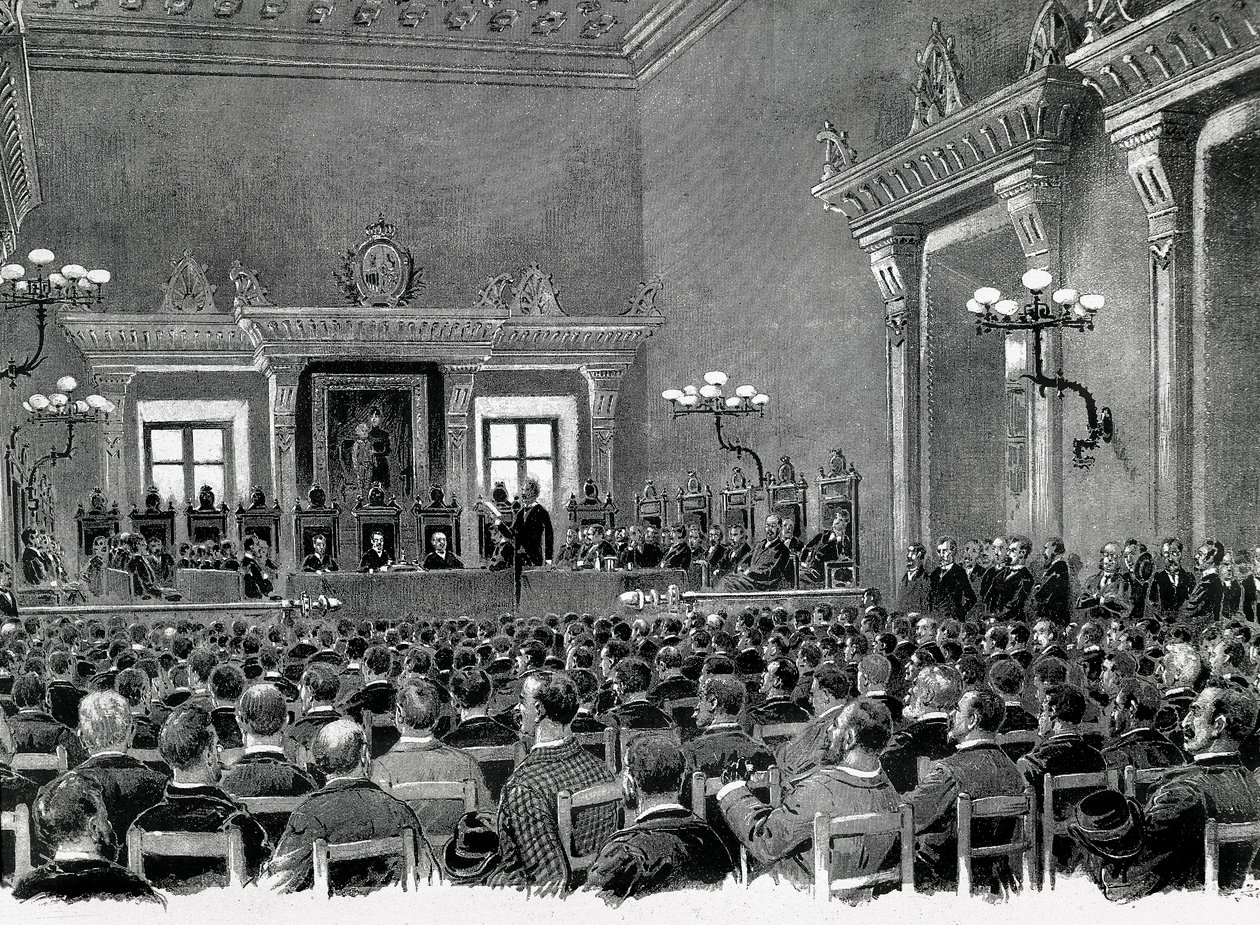 En samling katalanske nasjonalister samlet seg i rådhuset i Manresa for å utarbeide de 16 basene for å tjene den katalanske regionale grunnloven i 1892. Tegning av Jaume Pahissa. av Spanish School