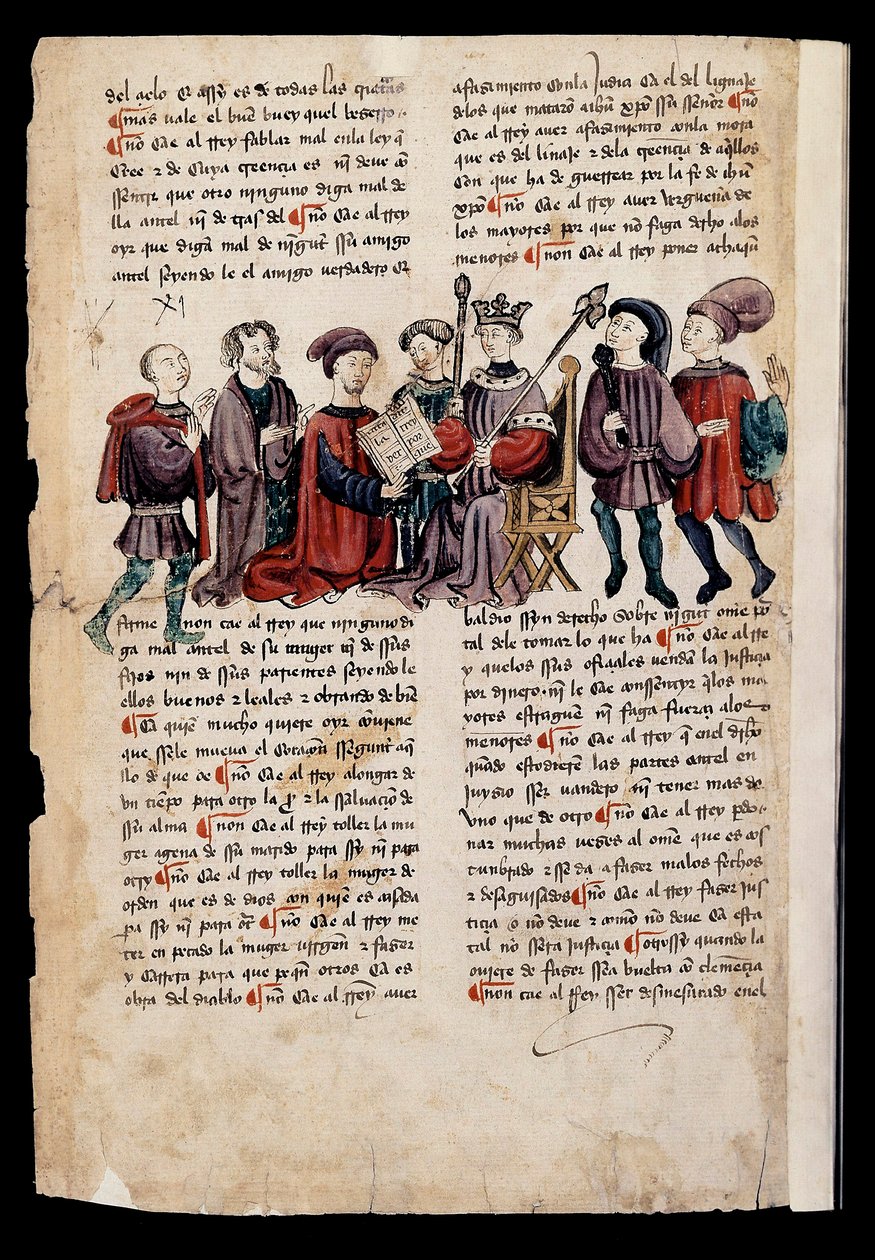 En mann presenterer en bok til kongen, miniatyr i "Book of Punishments or Documents for Good Living" av Spanish School