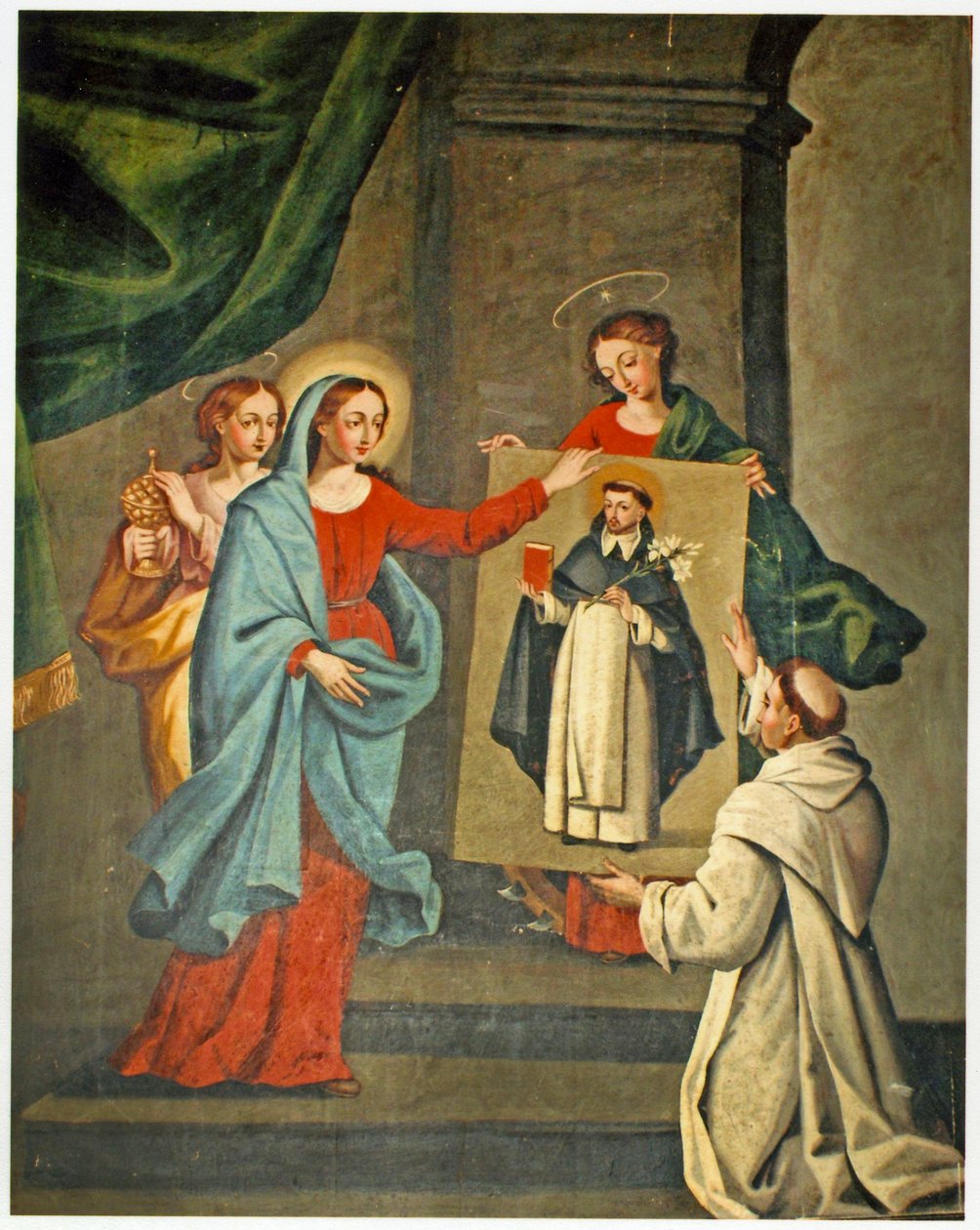 En helgen som presenterer et portrett av St. Dominic til jomfru Maria (se også 308140) av Spanish School