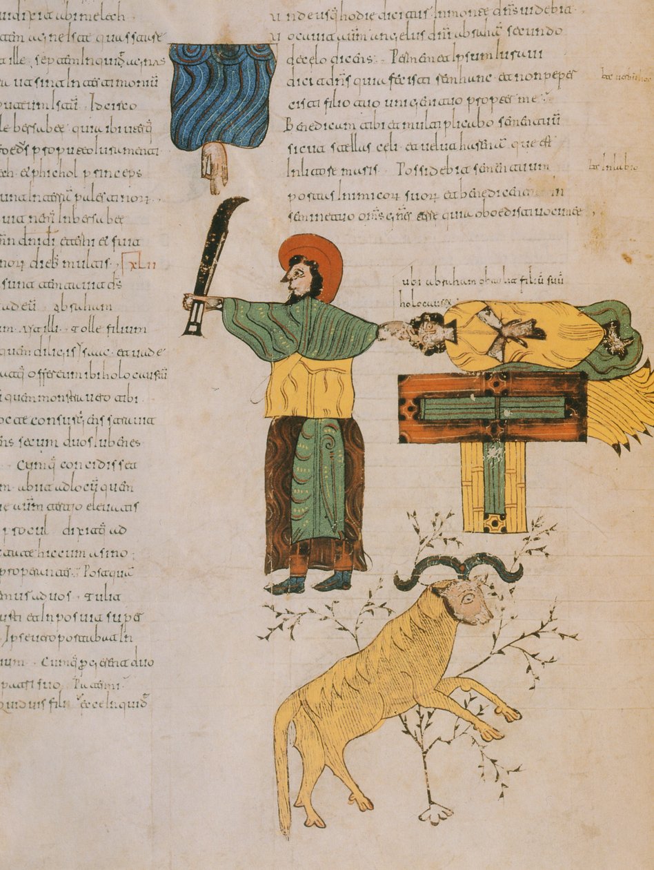 Abraham var i ferd med å ofre sin sønn, Isak, fra den vestgotisk-mosarabiske bibelen til St. Isidores, 960 eD (tempera på vellum) av Spanish School