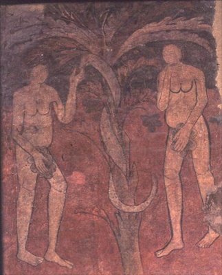 Adam og Eva, syndens opprinnelse, veggmaleri fra triumfbuen i apsis i sentralskibet, Sta. Maria de Barbera (veggmaleri) av Spanish School