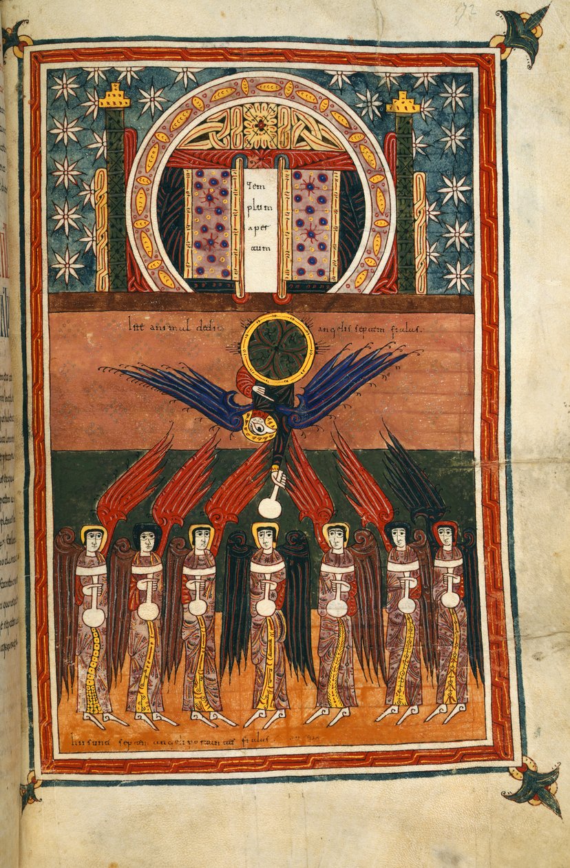 Legge til. 11695, f.172 De syv pestengler som bærer hetteglass, kommer ut fra helligdommen. Fra Silos Apocalypse av Spanish School