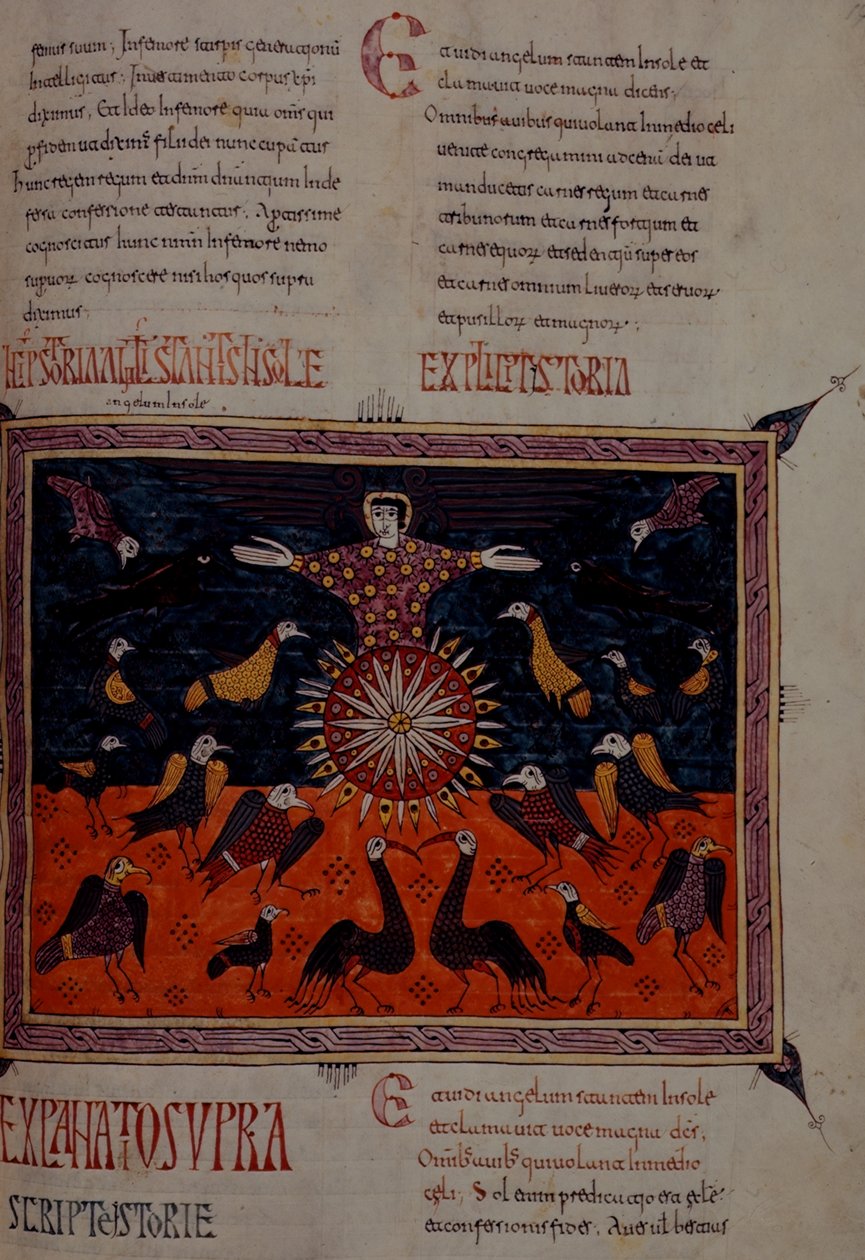 Legg til 11695 fol.197 En engel som står i solen, fra Beatus Apocalypse fra Santo Domingo de Silos av Spanish School