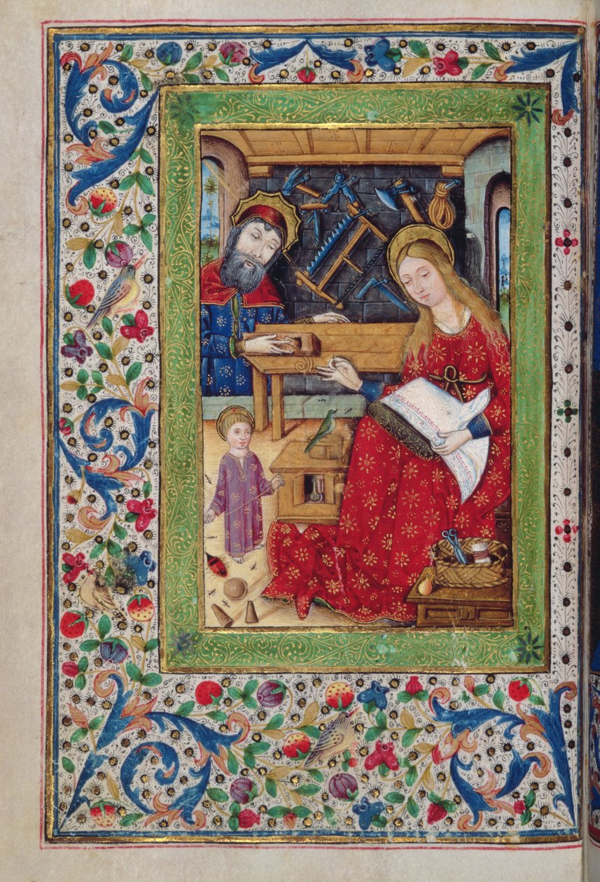 Legg til 18193 f.48v Den hellige familie i Josephs snekkerforretning, latin med spanske rubrikker, fra en 