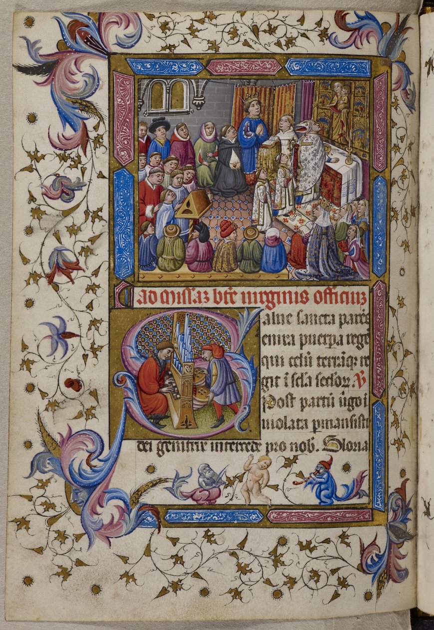 Legge til. 28962, f.281v, Alfonso V deltar i messen, fra Psalter and Hours of Alfonso V of Aragon. ca. 1442 (vellum) av Spanish School