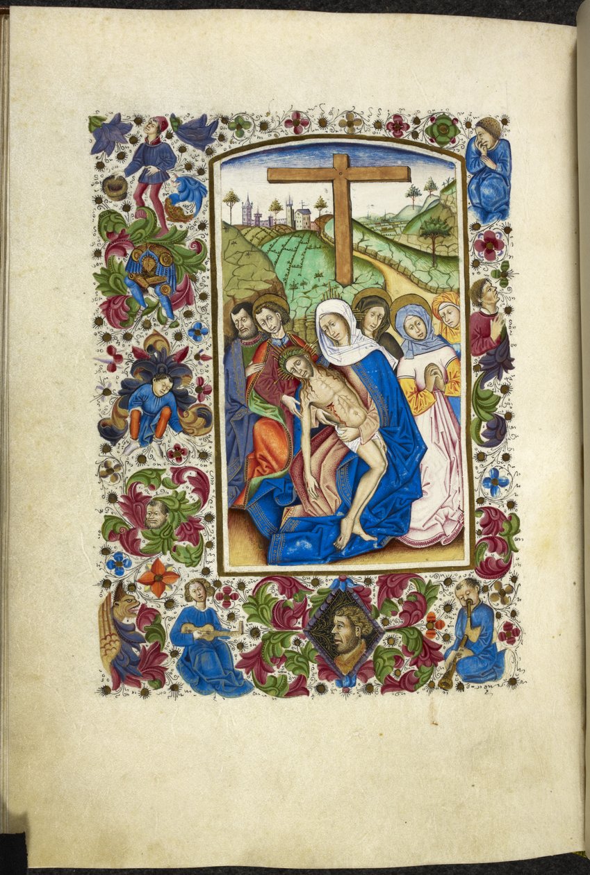 Legg til MS 50004 f.70v Jomfru Maria som holder Kristi legeme, med to disipler og kvinner ved siden av seg, fra en 