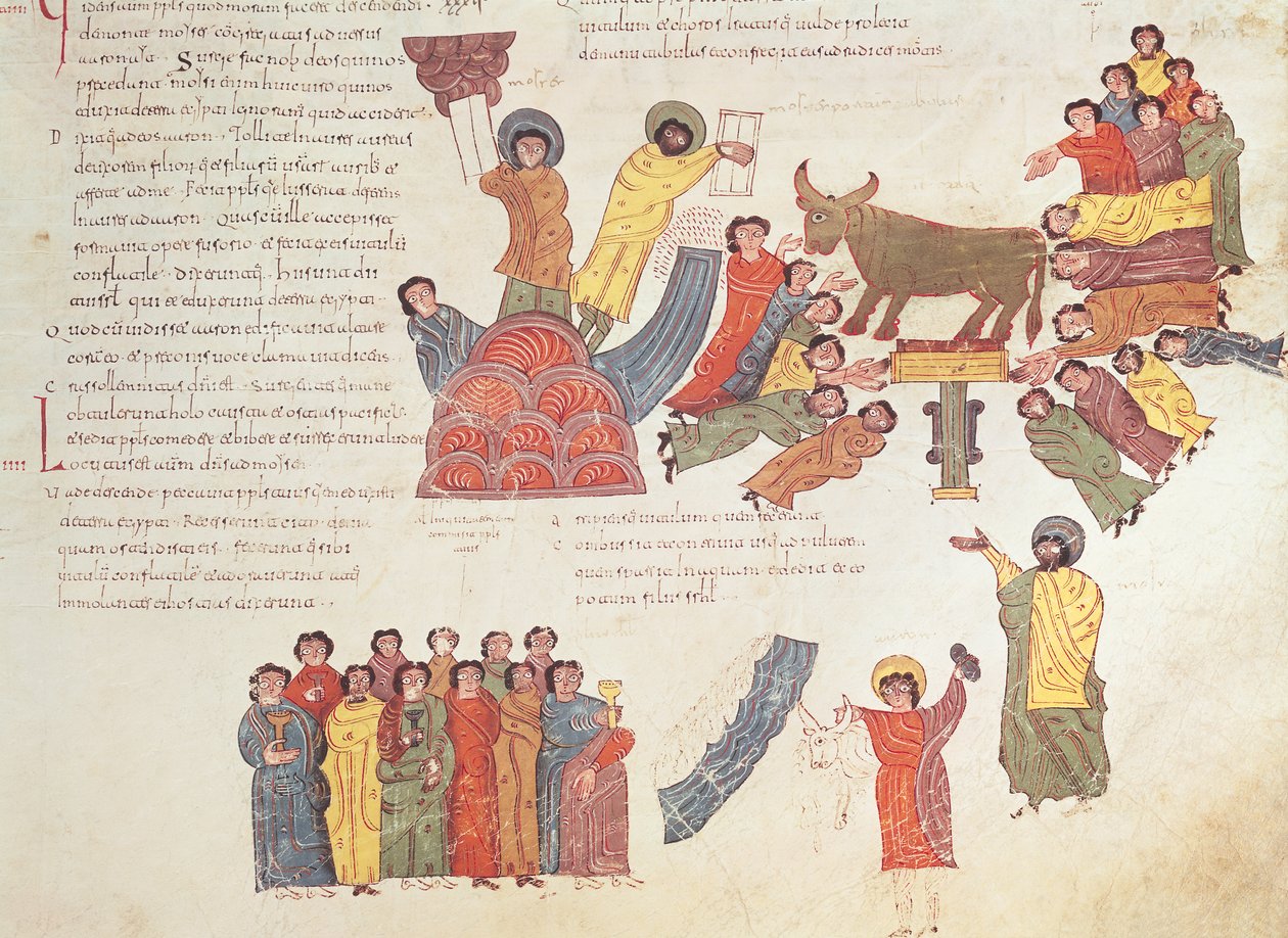 Tilbedelse av gullkalven, fra den visigotisk-mosarabiske bibelen til St. Isidores, fol.46r., 960 e.Kr. (tempera på vellum) av Spanish School