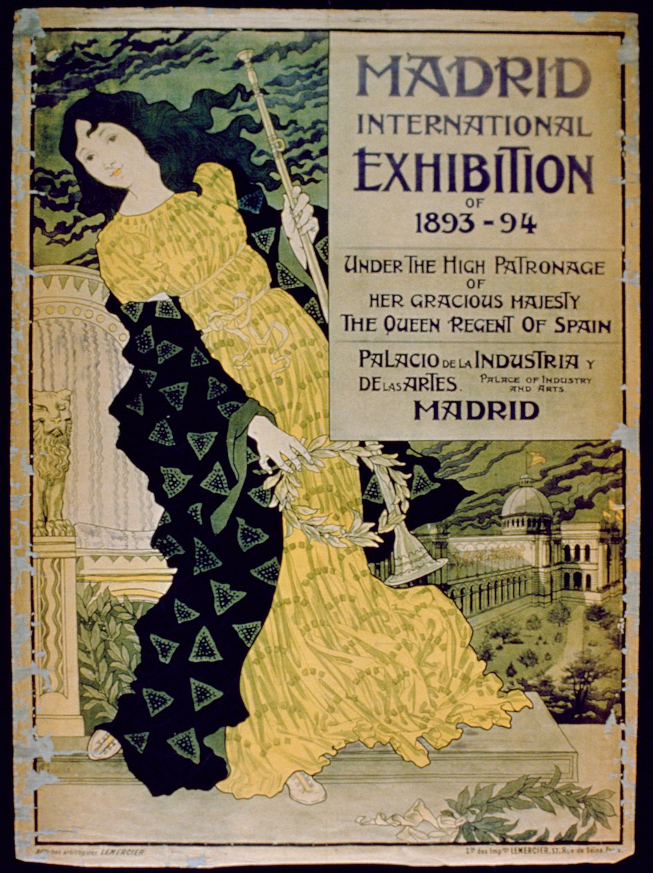 Annonse for den internasjonale utstillingen i Madrid 1893-94 på Palace of Industry and Arts, Madrid, 1893 av Spanish School