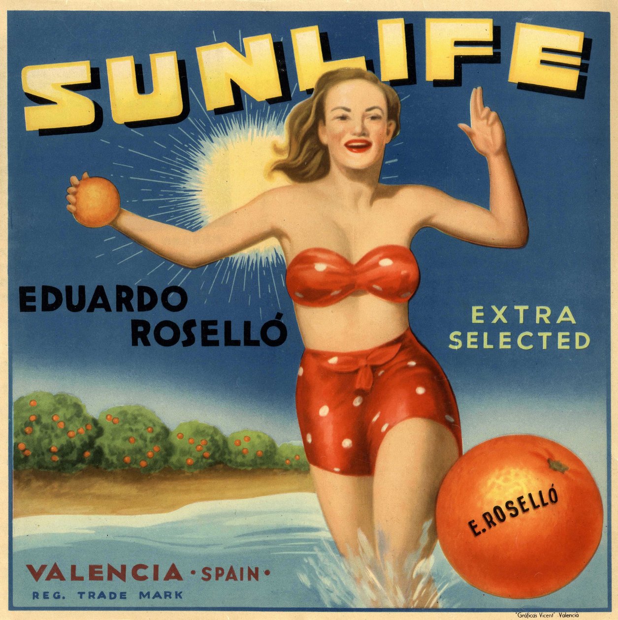 Reklame for appelsiner, bilde av en kvinne i badedrakt. Reklameplakat, Valencia av Spanish School