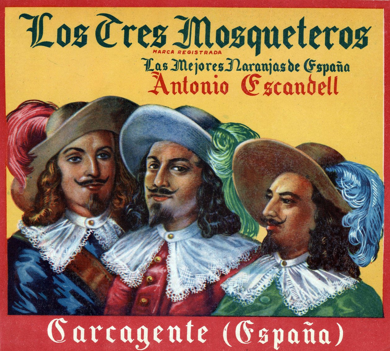 Reklamebilde, «De tre musketerer, de beste appelsinene i Spania»». Reklameplakat av Spanish School