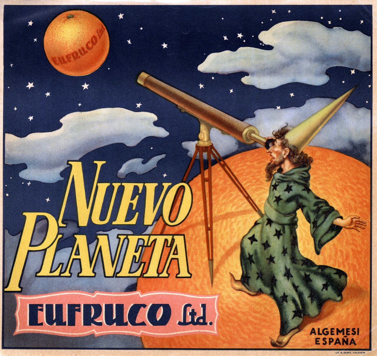 Annonsering med en tryllekunstner som observerer "" den nye planeten Orange""". Reklameplakat, Valencia av Spanish School