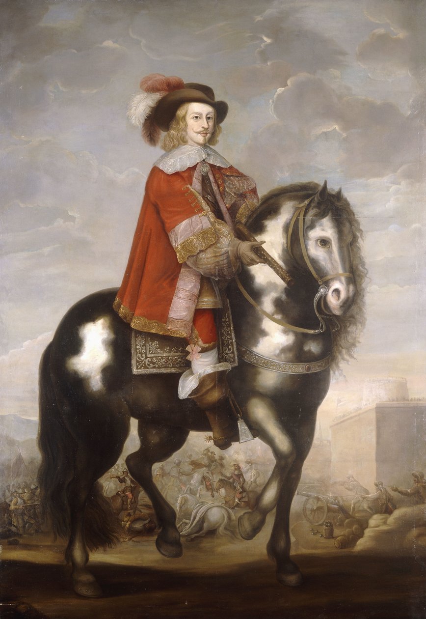 Et ridesportrett av kardinal Infante Fernando de Borbon, guvernør i de spanske Nederlandene, i full lengde i en rød frakk og plymet hatt, et slag utenfor, ca. 1685 av Spanish School