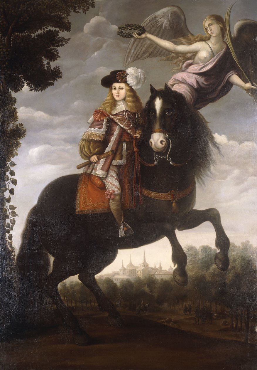 Et rytterportrett av kong Charles II, full lengde, i en rød frakk med hvit pynt som krones med en laurbær av en engel, Madrid i det fjerne, ca. 1685 av Spanish School
