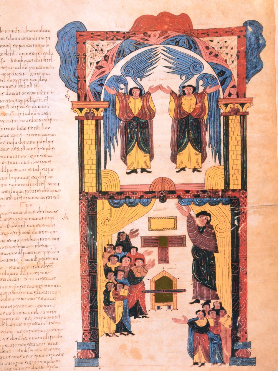 Engler og David med paktens ark stående foran Salomos tempel, fol.139r., fra den visigotisk-mosarabiske bibelen til St. Isidores, 960 e.Kr. (tempera på vellum) av Spanish School