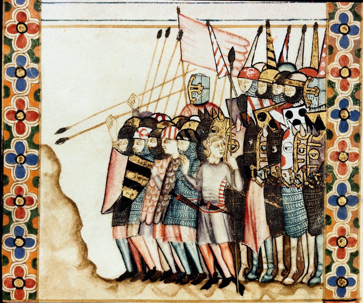 Armee des croises Detalj av en side hentet fra et manuskript av Sangen om Sankt Maria (Cantigas de Santa Maria), dekorert miniatyrer dedikert til Sankt Maria og hennes mirakler, en samling av sanger redige under regimet til Alfonso X den vise (1221- 1284). av Spanish School
