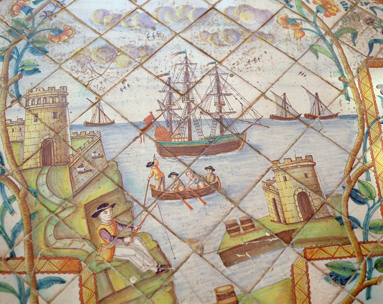 Azulejos-fliser som viser en havn med skip (keramikk) av Spanish School