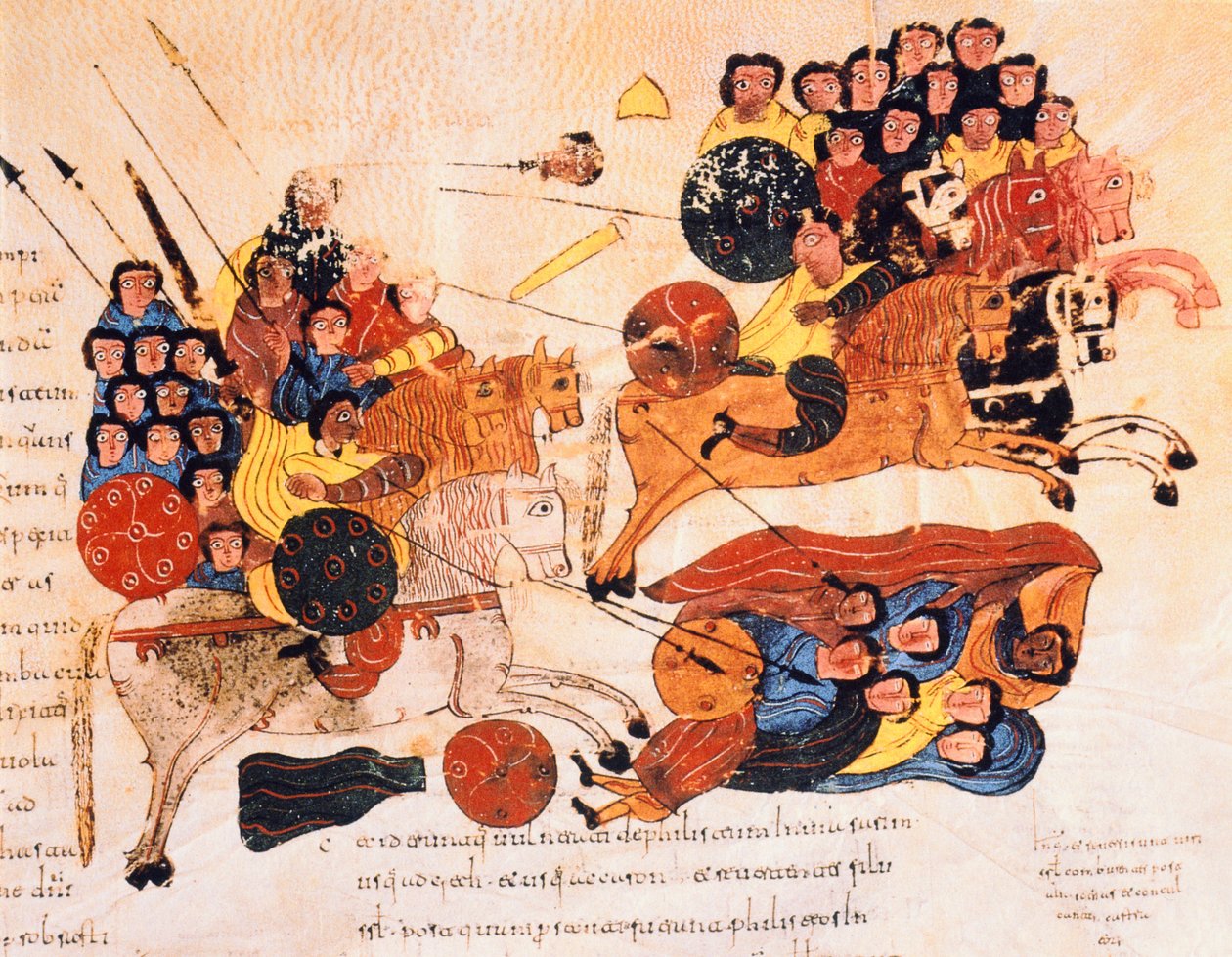 Kamp mellom hebreerne og filisterne, fra den visigotisk-mosarabiske bibelen til St. Isidores, fol.119r., 960 e.Kr. (tempera på vellum) av Spanish School