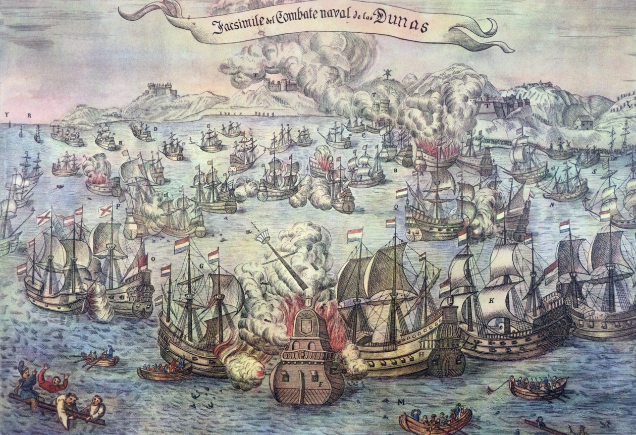 Battle of the Downs, 21. oktober 1639 (farget gravering) av Spanish School