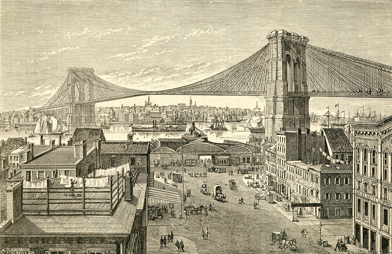 Brooklyn Bridge, New York, USA på 1800-tallet. Fra El Museo Popular publisert Madrid av Spanish School