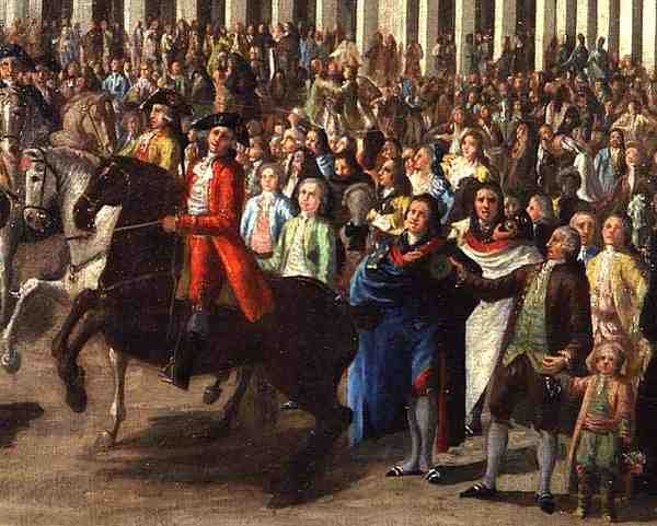 Charles III (1685-1740) Inn i Madrid, fra Plaza Mayor av Spanish School