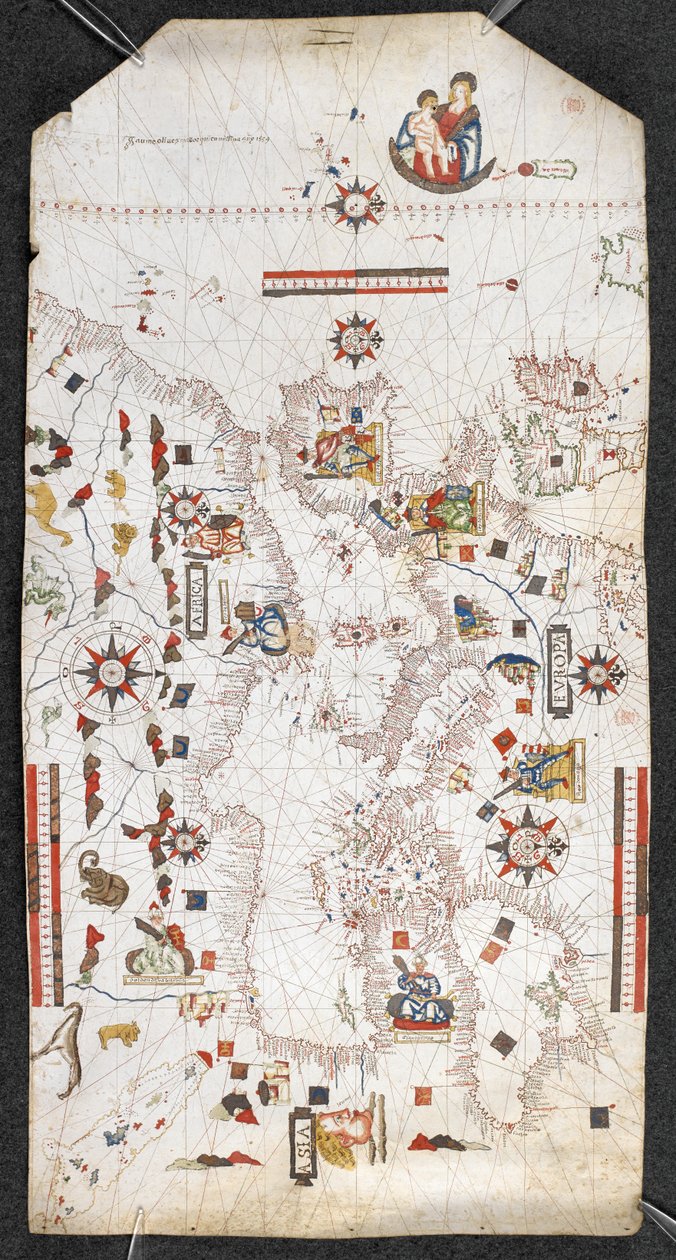 Kart over Middelhavet og Svartehavet, og en del av Atlanterhavet, fra De britiske øyer i nord til Kanariøyene i sør; med kystlinjene; og med navnene på de viktigste byene på spansk, Av Jaume Oliues, Mallorqui en Missi av Spanish School