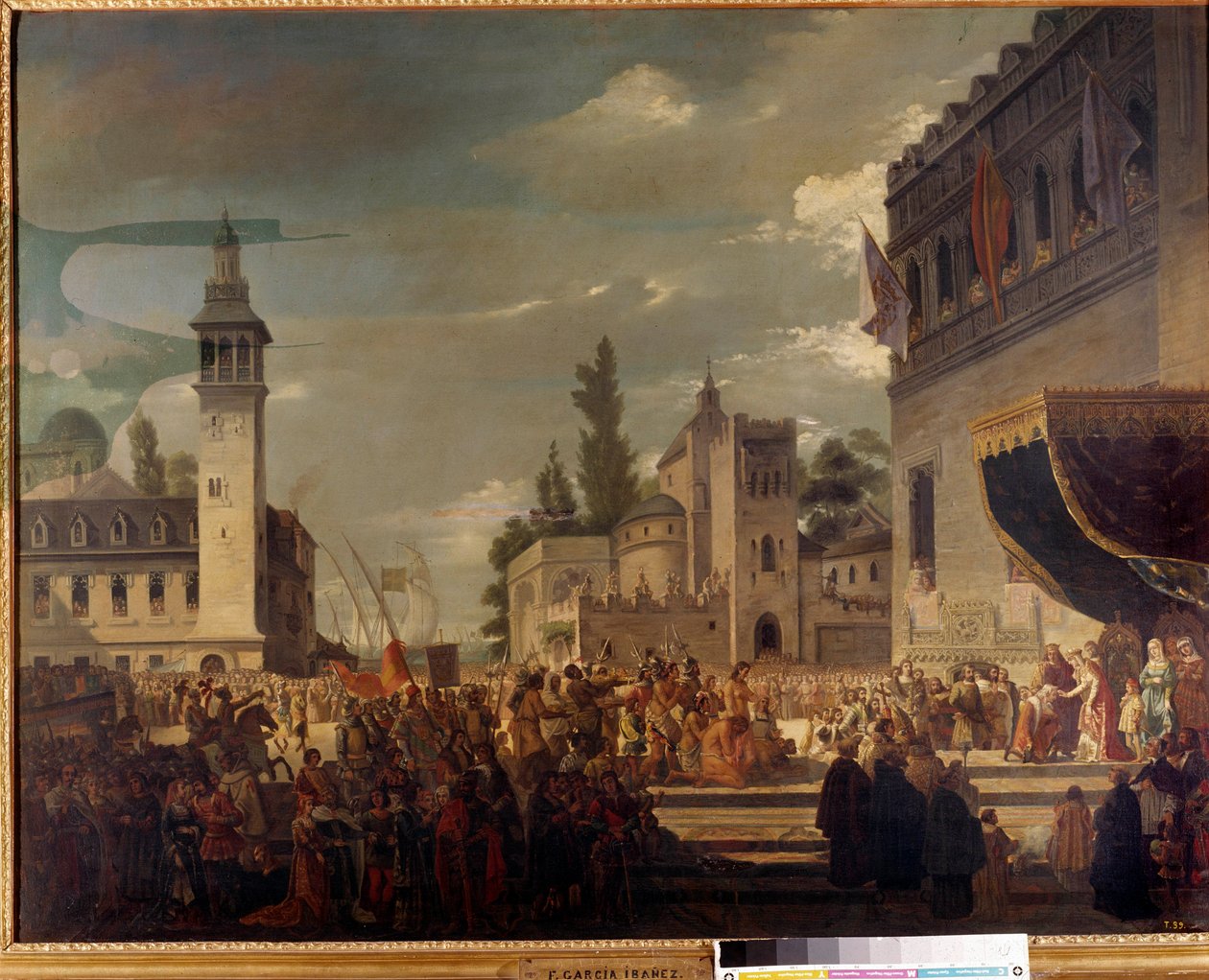 Christopher Columbus presenterer urbefolkningen på Ferdinand II og Isabella 1. av Castilla i Barcelona: presentasjonen av innbyggerne i Amerika for katolske konger av oppdageren Christopher Columbus (1451-1506). Maleri av Garcia Ibanez av Spanish School