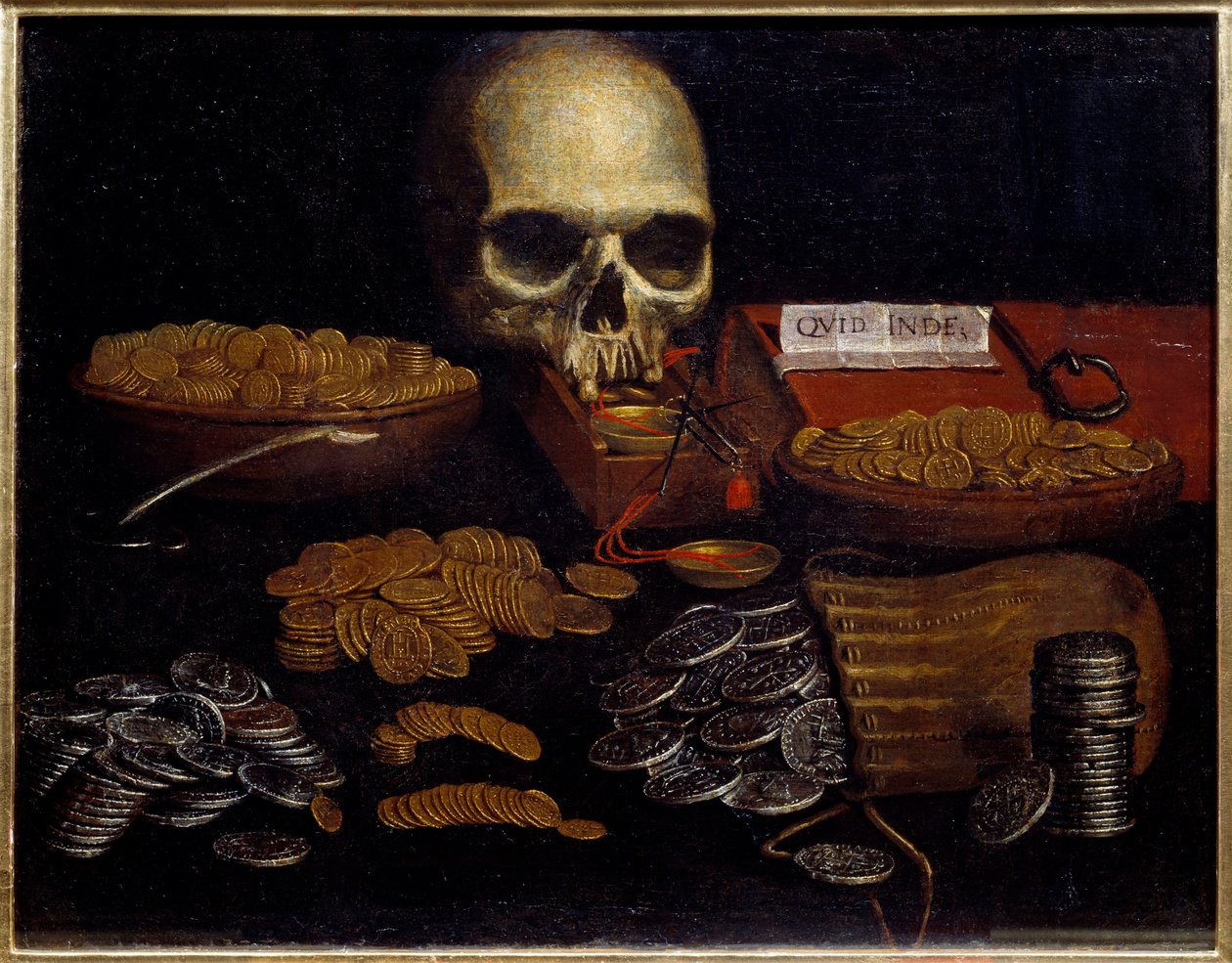 Myntforfengelighet allegori om tid og død, rikdom og menneskelige gleder. Maleri av den spanske skolen. Rouen fra 1600-tallet, Museum of Fine Arts av Spanish School